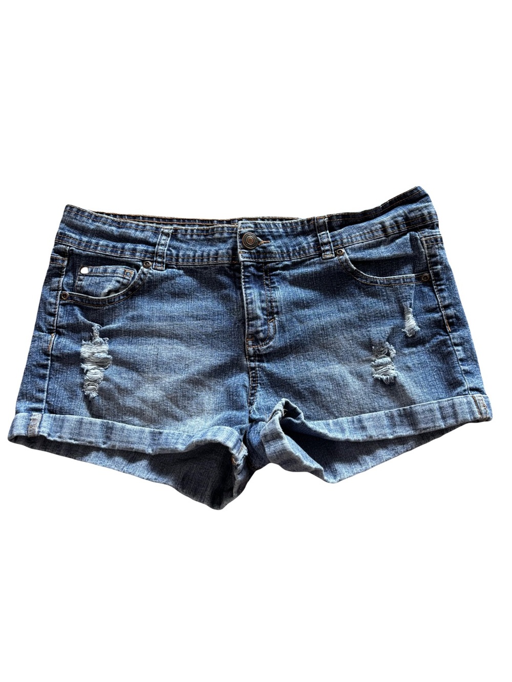 Early 2000’s Y2K Bluenotes Medium Blue Distressed Roll-Hem Denim Mini Shorts